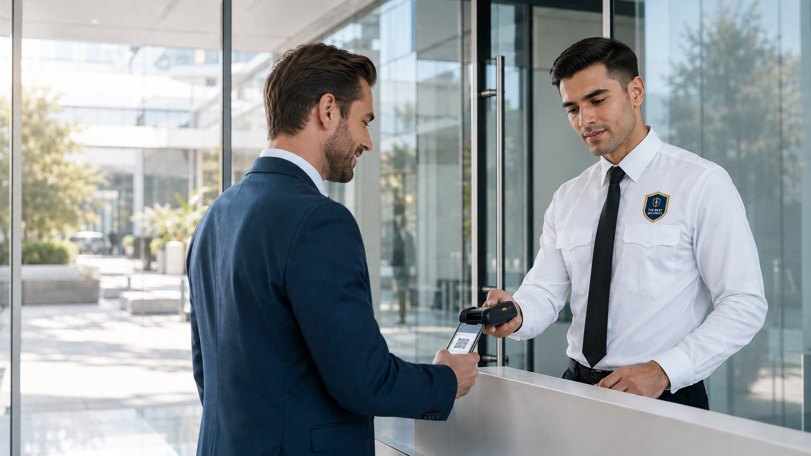 Professional security receptionist guard demonstrating access control and scanning systems